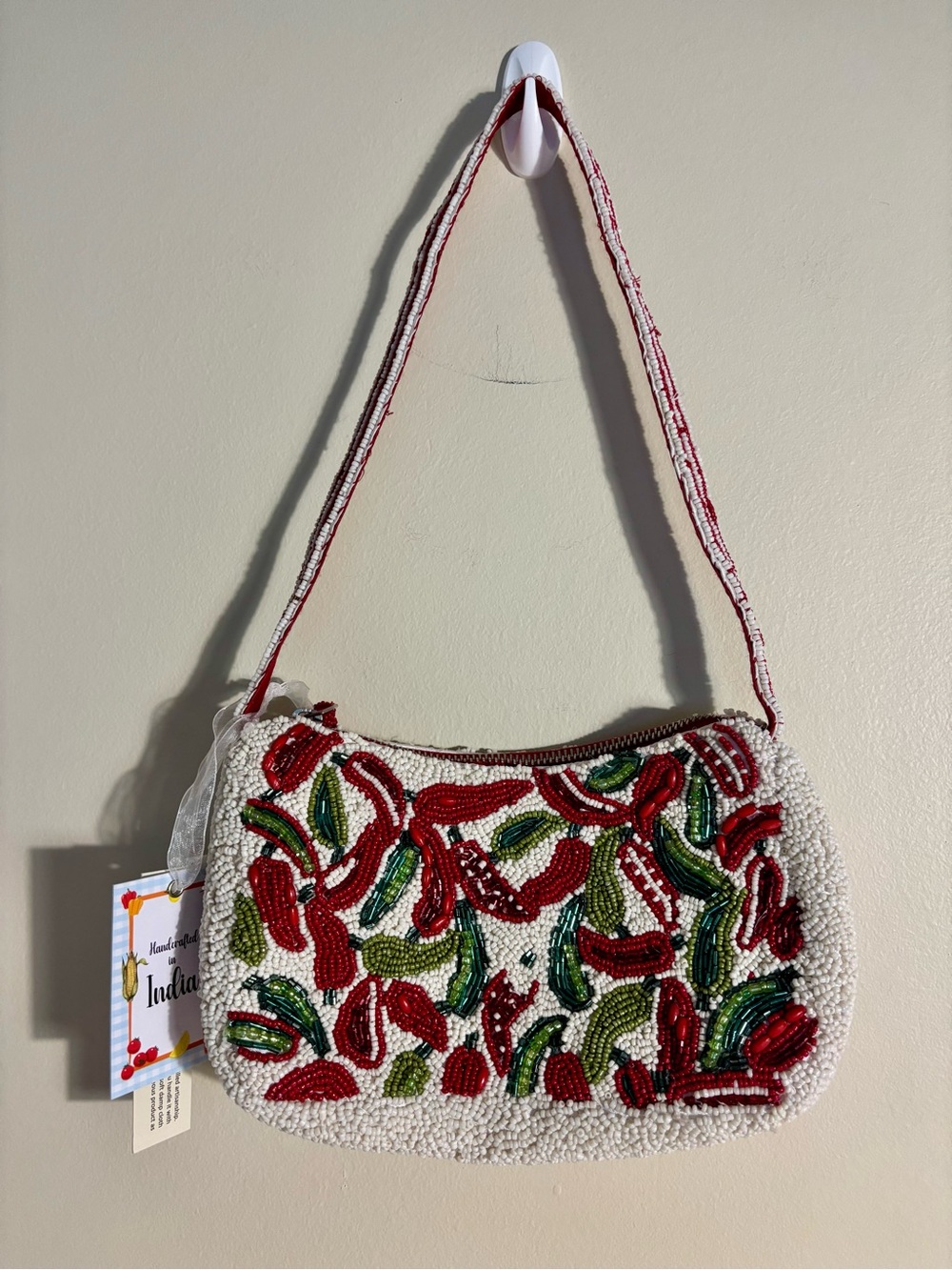 NWT VIRAL BEADED BAG - Handmade White Red Hot Chili Pepper Pattern Shoulder Bag